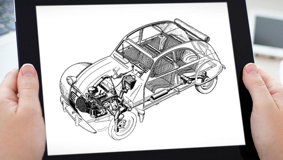 پلتفرم و نمای شماتیک سیتروئن 2CV مدل 1965