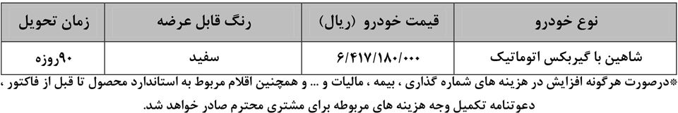 ثبت نام فروش فوق العاده شاهین اتومات